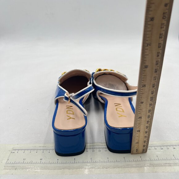 YDN Chain Royal Blue Square Toe Block Low Heels Slingback Formal Loafer Pumps - Picture 5 of 8